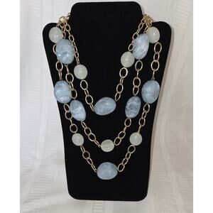 3 Strand Pale Blue Frosted Stone Necklace Chunky Statement Tiered White Stones